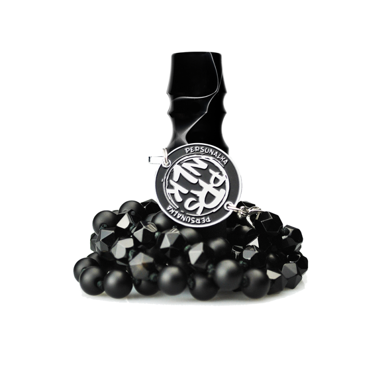 Персональный мундштук Personalka Stone с бусами из натурального камня (Чёрный с белыми линиями)
